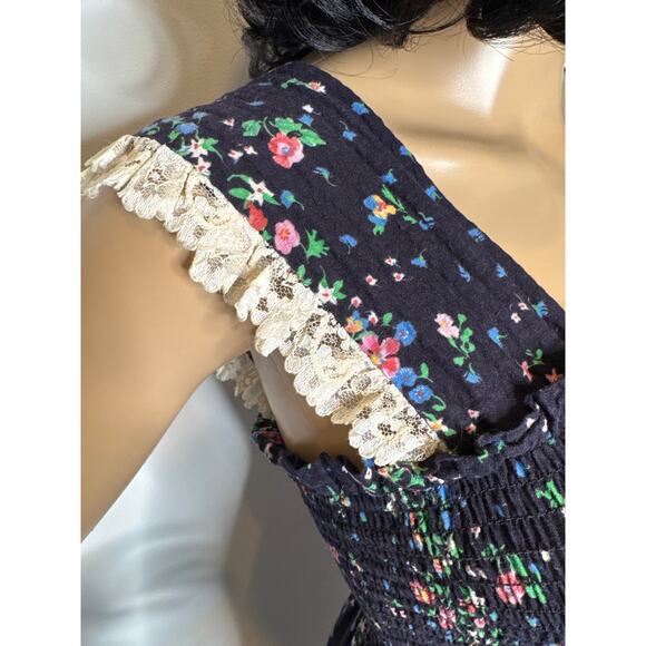 Vintage 70s The Fig Leaf Floral Smocked Cottagecore Prairie Midi Cotton Dress XS - Picture 6 of 16